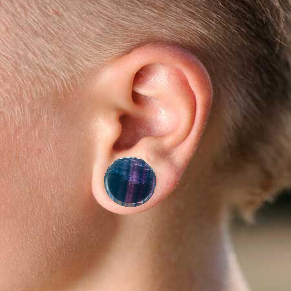 Pair of Rainbow Fluorite Single Flare Natural Stone Ear Plugs Expander E618