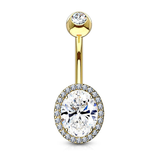 CZ Around Oval Prong cZ Center Double Tier Surgical Steel Belly Button Ring B597