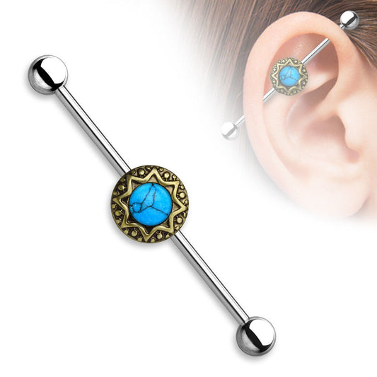 1 - Turquoise Centered Tribal Starburst Surgical Steel Industrial Barbell T240