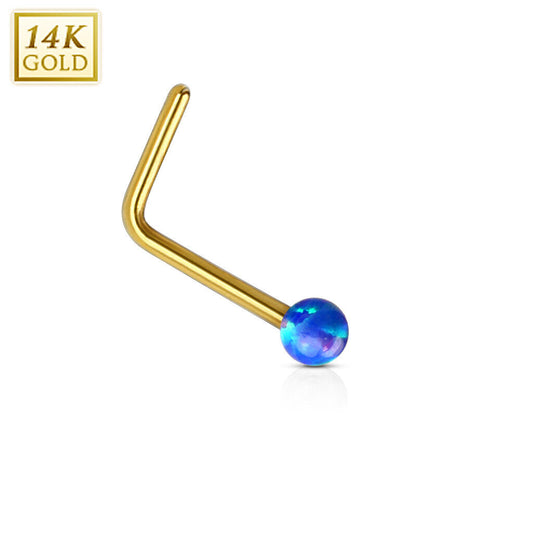 1 - 20 GA 1/4" 14Kt. Gold L Bend Nose Ring with Prong Set 2mm Synthetic Opal N76