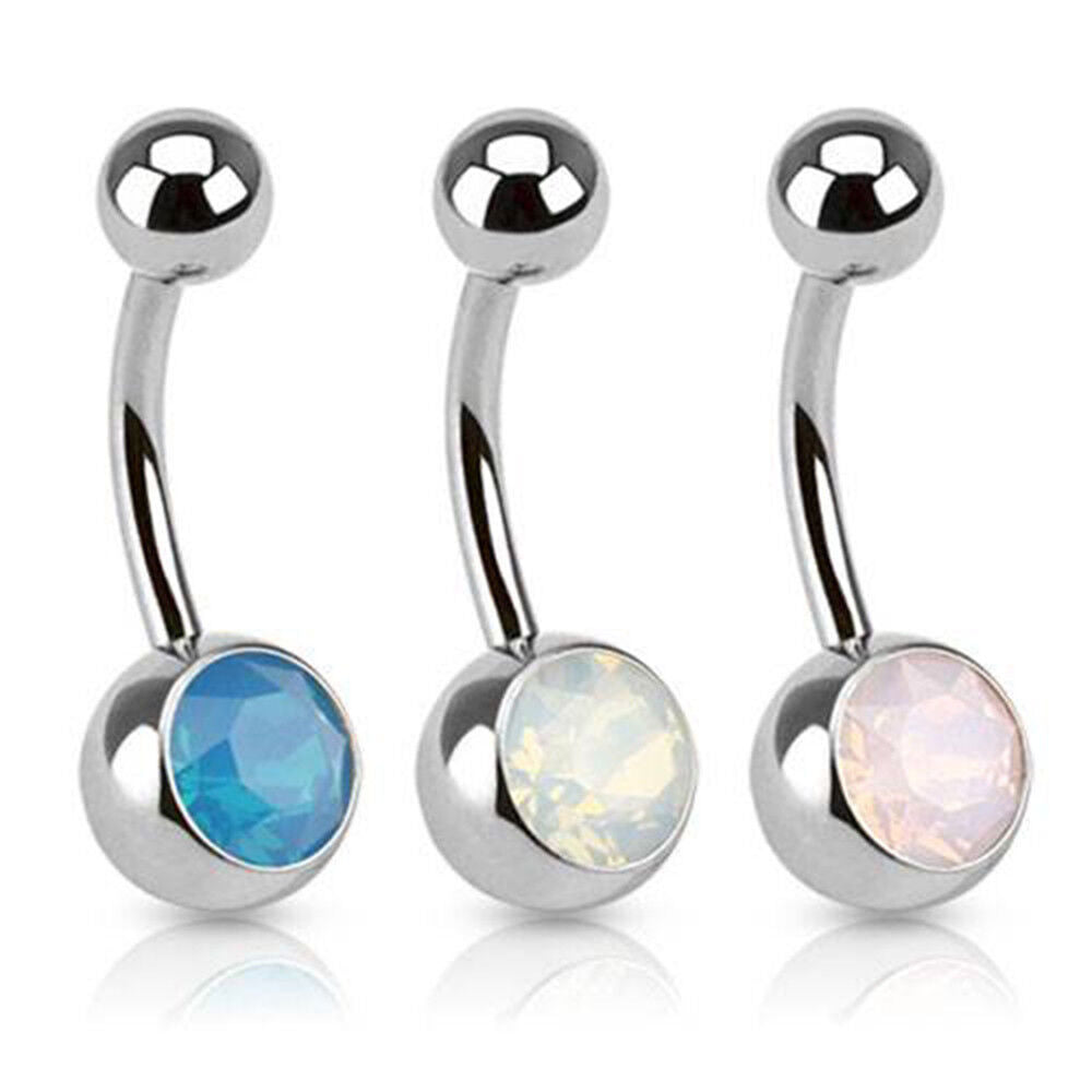 Solitaire Opal Stone Stainless Steel Belly Button Barbell Ring Navel Dangle B460