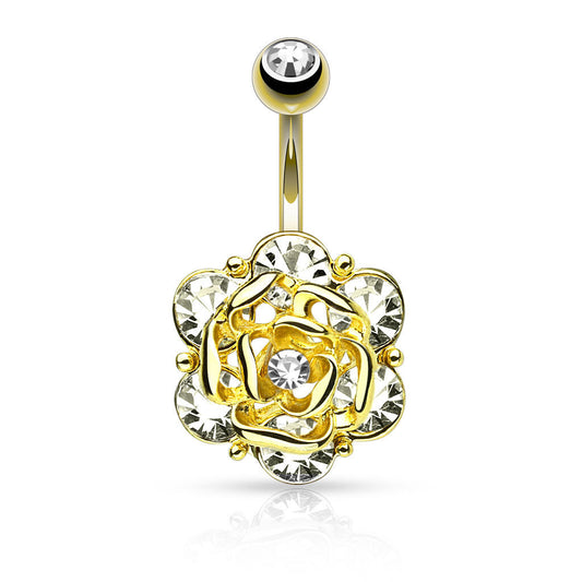 Flower Head Six CZ Gems Center IP Stainless Steel Barbell Belly Button Ring B486
