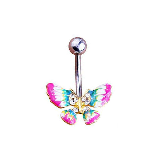 1 - 14 GA 3/8" Pink Aqua Butterfly CZ Mix Belly Button Navel Ring Dangle B631