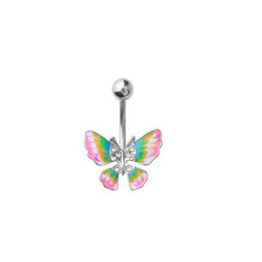 1 - 14 GA 3/8" Pink Green Butterfly CZ Mix Belly Button Navel Ring Dangle B631
