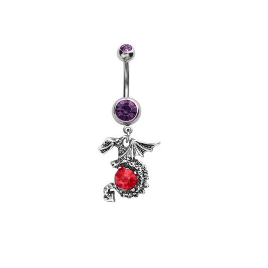 1 - 14 GA 3/8" Ancient Dragon Purple and Red CZ Belly Button Navel Ring B632D