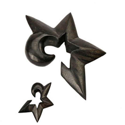 Pair of E220 Organic Areng Ebony Wood Hand-Carved Star Hanging Taper