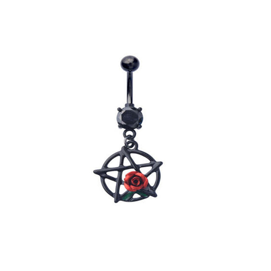 1 - 14 GA 3/8" Black Pentagram Red Rose on Black Belly Button Navel Ring B632P