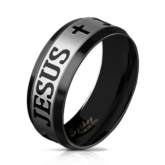Brushed Steel Center PVD JESUS Crosses Engraved Stainless Steel Rings Band R690