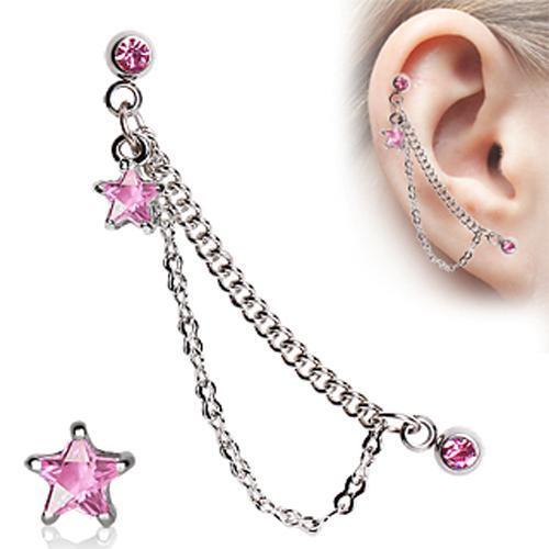 1 - 16 Gauge 5/16" Star Double Chained Cartilage Ring Dangling Stud Earring A84