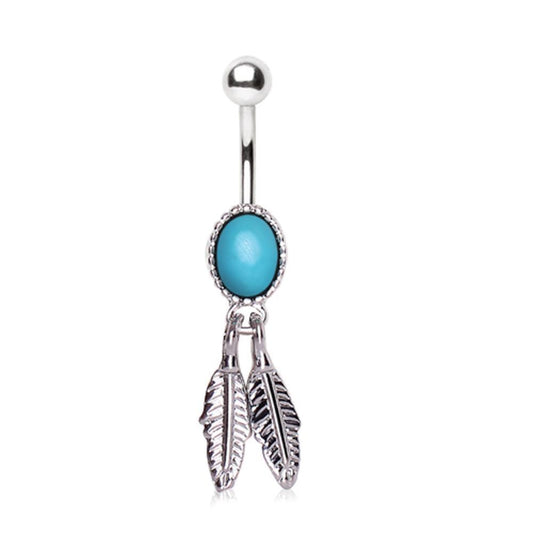 Oval faux Turquoise with Metallic Feathers Belly Button Navel Ring Dangle B45