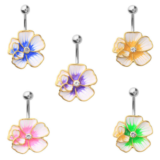 5 - 14 GA 3/8" Butterfly Hibiscus CZ Flower Mix Set Belly Button Navel Ring B630
