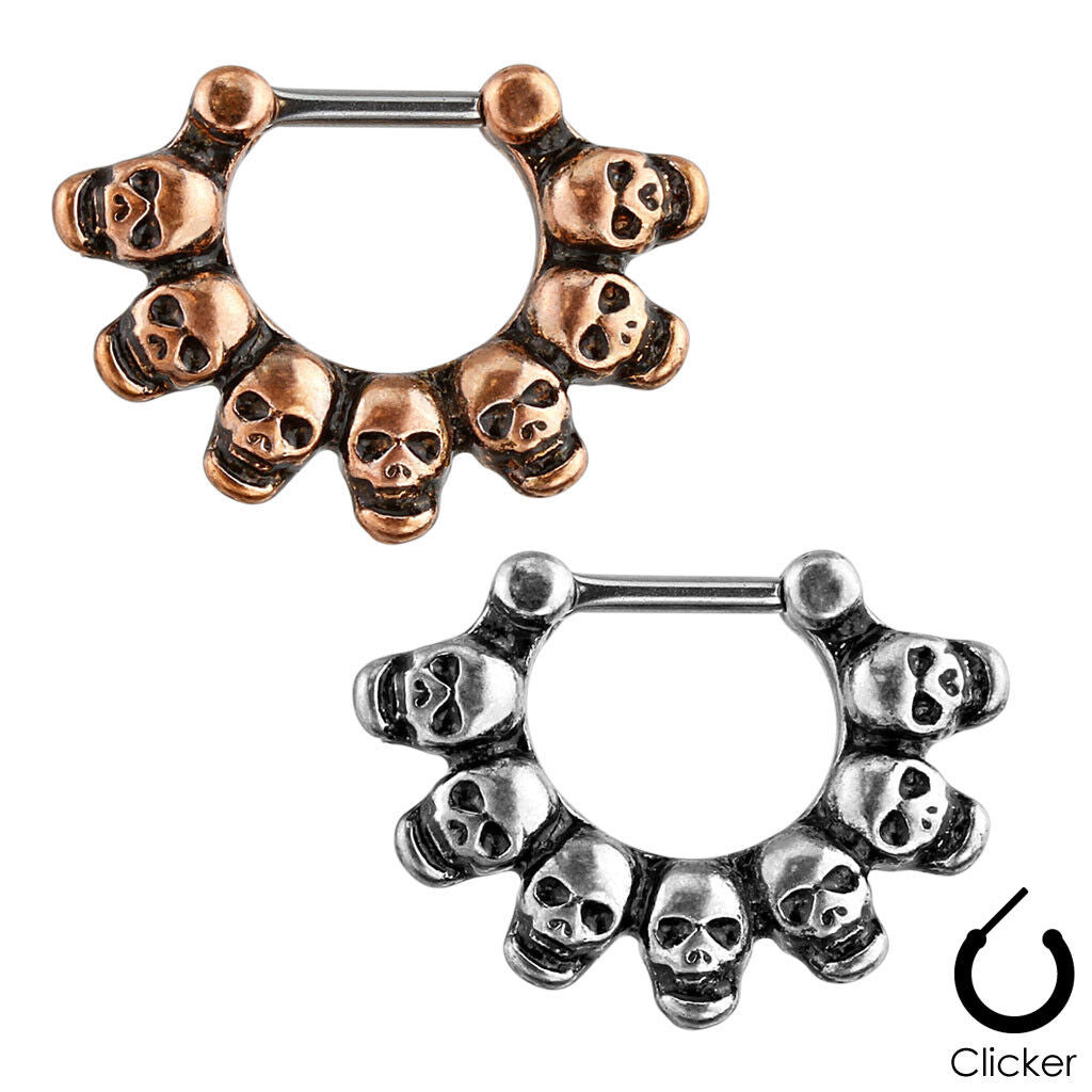 Linked Skulls Bronze / Silver Color Septum Clicker 316L Surgical Steel Rings F64
