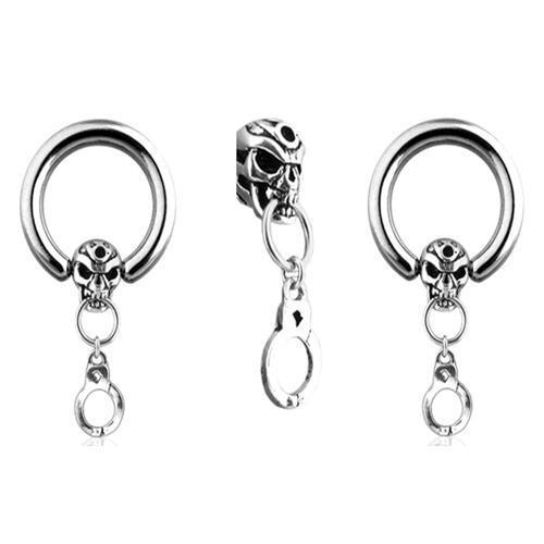 Pair of Skull & Handcuff Dangles Stainless Steel Ring CRB Captive Gauge F3