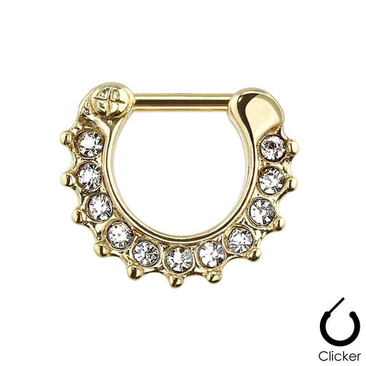 Gem Paved Gold IP Ion Septum Clicker 316L Surgical Steel Rings F66