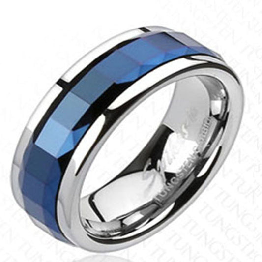 Tungsten Carbide Blue IP Multi-Faceted Square Cut Spinner Ring R396