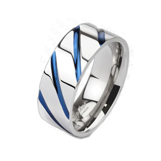 Striped Blue IP Solid Titanium Band Ring Band Ring R660