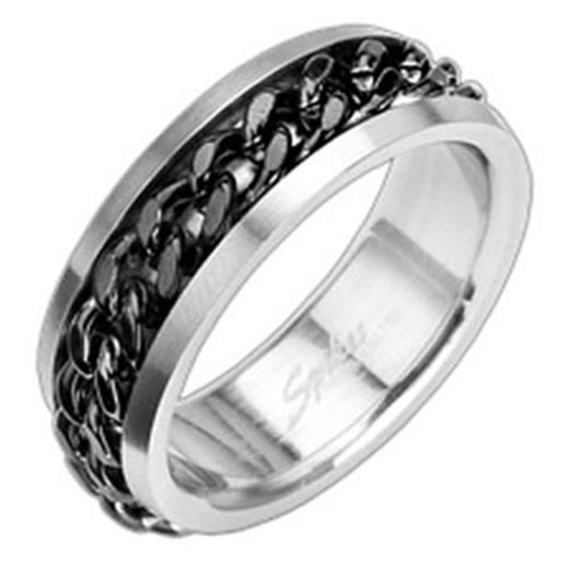 Stainless Steel Ring with Spinning Center Black Chain 8mm Width Band R122C