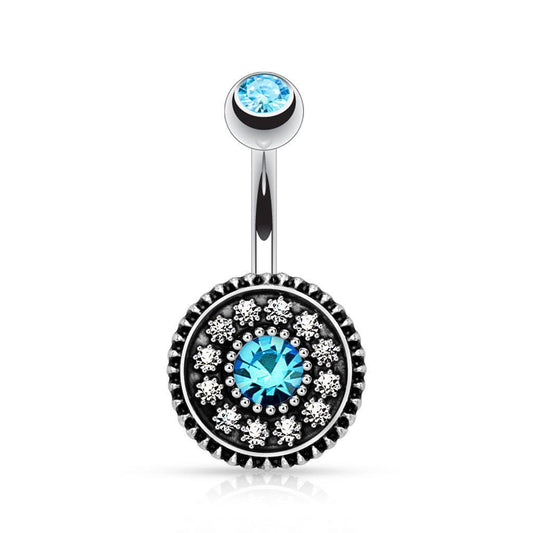 Multi Pave Vintage Shield Aqua CZ Belly Button Navel Stainless Steel Dangle B333
