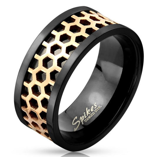 Two Tone Honey Comb Center Black IP Stainless Steel Ring R624