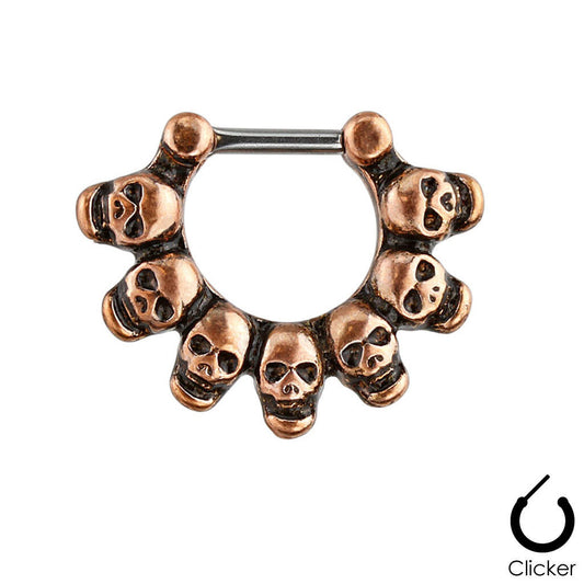 Linked Skulls Bronze / Silver Color Septum Clicker 316L Surgical Steel Rings F64