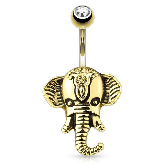 1 - Gold Ion Elephant Ornament CZ Head 316L Surgical Steel Navel Belly Ring B322