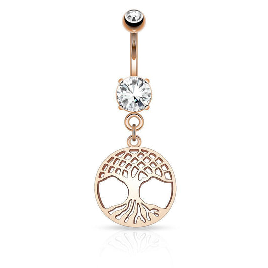 Round Tree of Life Belly Button Navel Ring Dangle Stainless Steel Barbell B527