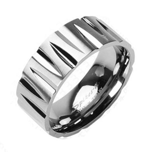 Solid Titanium with Tribal Inspired Facet Polish Wedding Finish Ring Band R113C