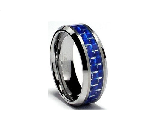 Blue Carbon Inlay Tungsten Carbide Classic Bevel Edge Wedding Ring Band R107