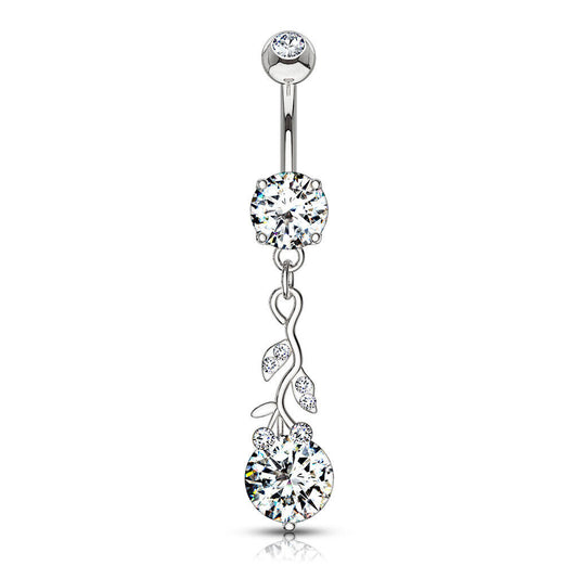 Gemmed Leafs Large Round CZ Dangle Surgical Steel Belly Button Navel Ring B595