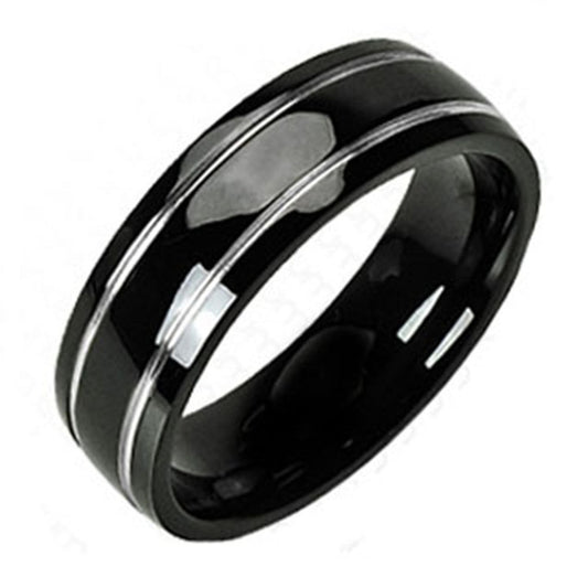 Solid Titanium Two Stripes Engraved Black Classic Wedding Band Ring R118C