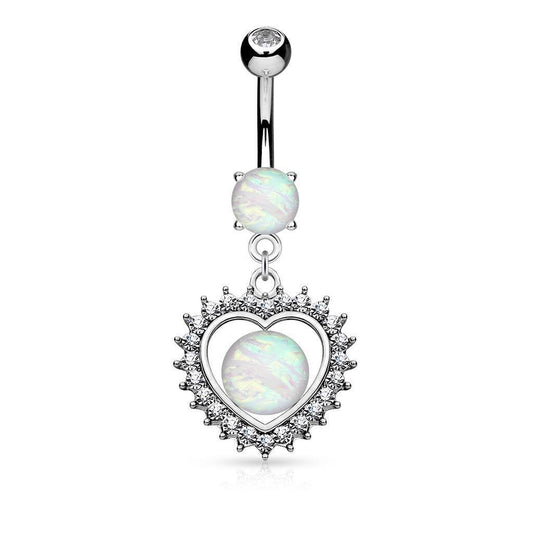 Heart CZ Synthetic Opal Glitter Dangle Surgical Steel Belly Button Rings B537