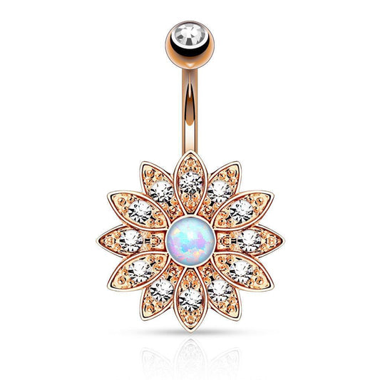 Paved Crystal Flower with Opal Center Navel Belly Button Navel Ring Dangle B300