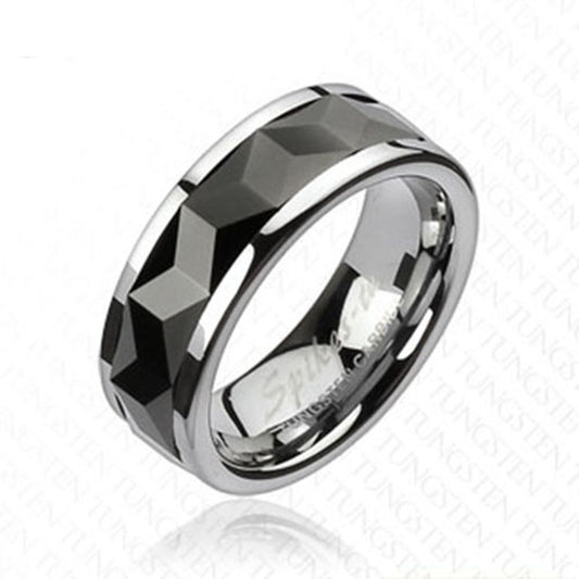 Tungsten Carbide Black IP Multi-Faceted Prism Rhombus Cut Spinner 8mm Ring R413