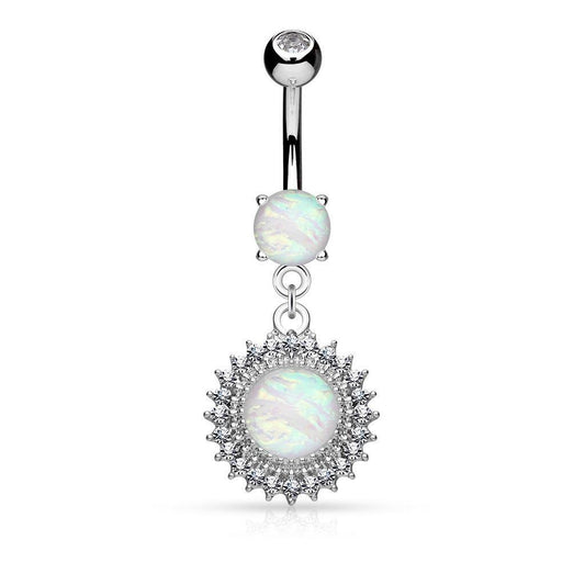 Synthetic Opal Glitter Round Shield Dangle Surgical Steel Belly Button Ring B538