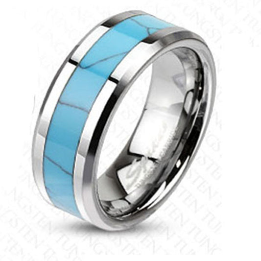 Tungsten Carbide Synthetic Turquoise Stone Inlay Band Ring R387