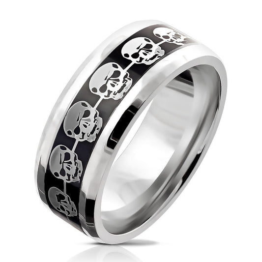 Silver Skulls Repeating on Black Background Inlay Stainless Steel Ring R691