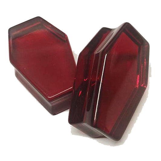 Pair of 0GA 8MM Blood Red Coffin Glass Saddle Double Flare Ear Lobe Plugs E593