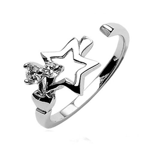 .925 Sterling Silver Star & Double Round Cut CZ Adjustable Toe Ring TR4