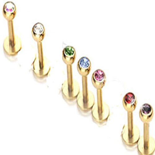 1 - 16 gauge 5/16" Barbell 3mm CZ Gold Plated Labret Lip Ring Chin Monroe L12