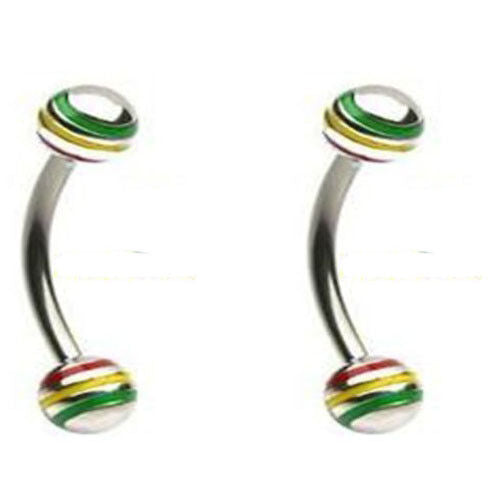 2 pc - 16 Gauge 3/8" Jamaican Curved Eyebrow Rings Stainless Steel Barbell D5