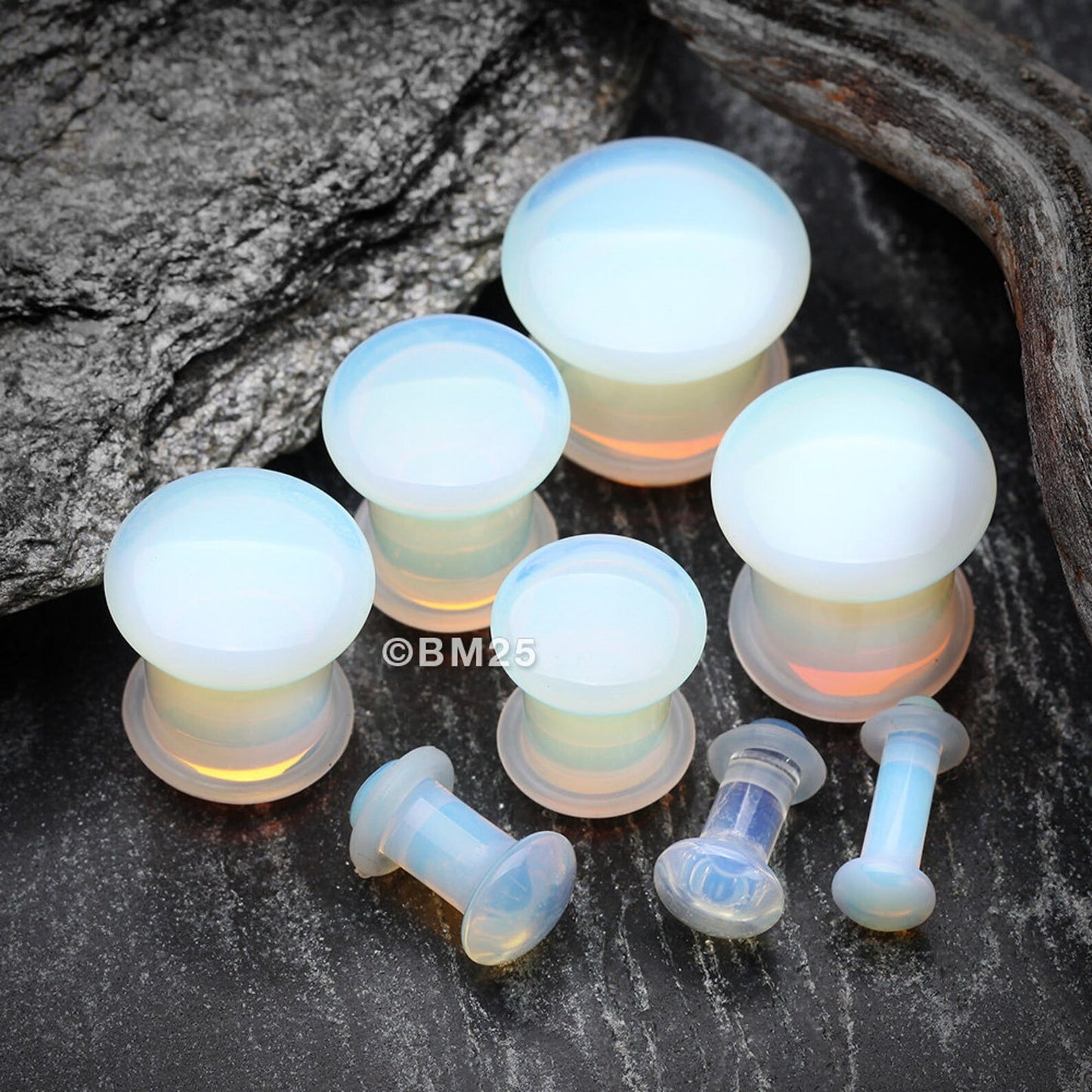 Pair of Opalite Single Flare Stone Ear Plugs Silicone O-Ring Expander synthetic Gauges 8ga - 5/8 inch E554