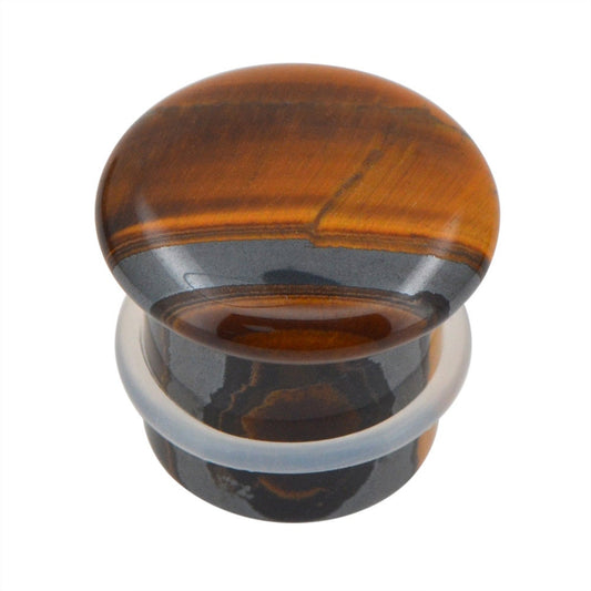 Pair of Tiger Eye's Single Flare Stone Ear Plugs Silicone O-Ring Expander Gauges 8ga - 5/8 inch E554