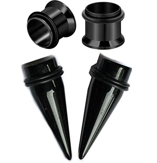 Pair of Black Steel Single Flare Tunnels and Black Acrylic Tapers Stretching Kit Large Sizes E557