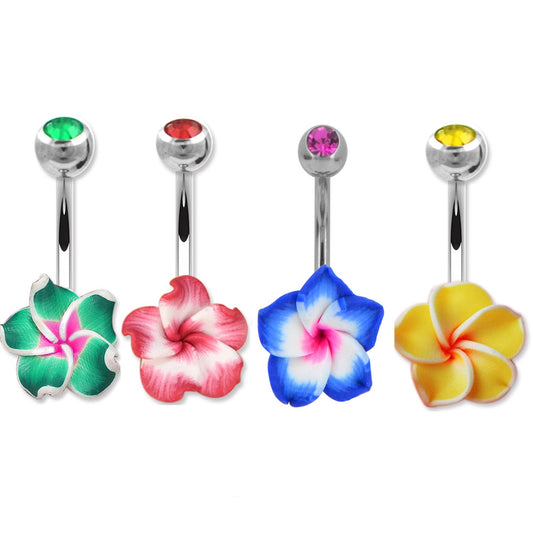 Assorted Set 14 Gauge 3/8 Inch 316L Surgical Steel Barbell Belly Button Navel Rings Dangles Boho Hawaiian Plumeria Flower 616