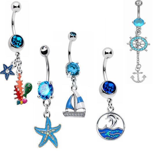 5 - Hawaii Beach Star Fish Boat Surgical Steel Belly Button Dangle Ring 14 Gauge 3/8 Inch Barbell B626