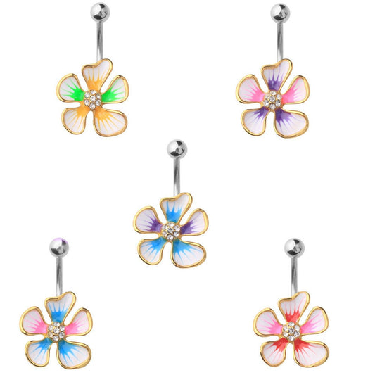 5 - Assorted Set 14 Gauge 3/8 Inch 316L Gold IP Surgical Steel Barbell Belly Button Navel Rings Dangles Hibiscus CZ Flower B629