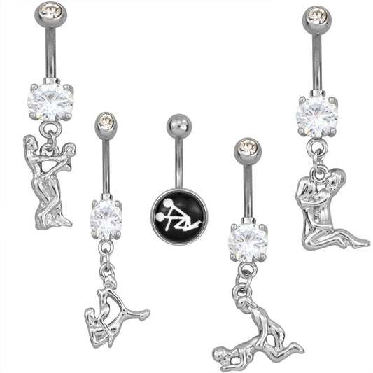5 - Kama Sutra Sex Position Nasty Surgical Steel Belly Button Dangle Ring 14 Gauge 3/8 Inch Barbell B625