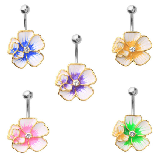 5 - Assorted Set 14 Gauge 3/8 Inch 316L Surgical Steel Barbell Belly Button Navel Rings Dangles Butterfly Hibiscus CZ Flower B630