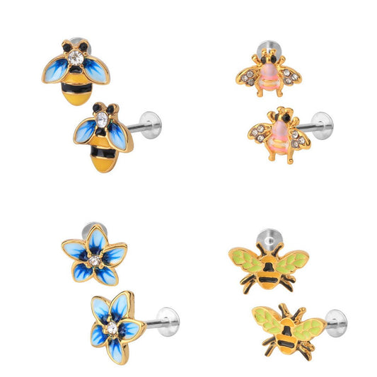 Three Bumble Bees and One Blue Flower with Gold IP Trim - 16 Gauge 1/4 Inch 316L Stainless Steel Labret Internal Threaded Barbell L230