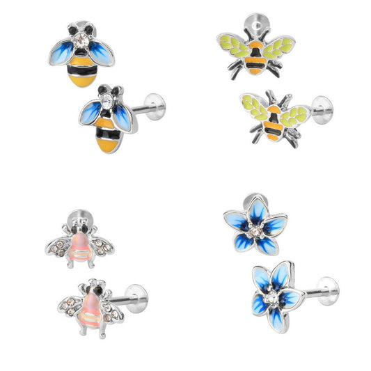 Three Bumble Bees and One Blue Flower - 16 Gauge 1/4 Inch 316L Stainless Steel Labret Monroe Stud Earring Internal Threaded Barbell L224